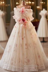 Champagne Tulle Strapless Flower Evening Prom Dresses