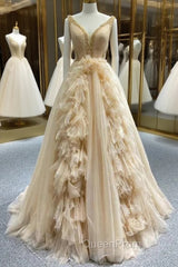 Champagne Tulle V-neck Beading Evening Prom Dresses