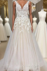 Champagne tulle v neck lace long Evening Prom Dresses champagne formal Dresses