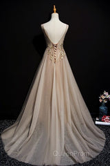 Champagne Tulle V-Neckline Long Lace Evening Prom Dresses, A-Line Formal Gown Party Dresses