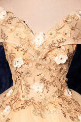 Champagne V-Neck Lace Long Ball Gown, Off the Shoulder Evening Dresses