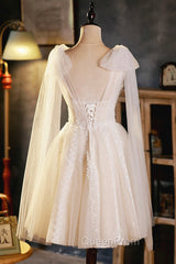 Champagne V-Neck Lace Short Evening Prom Dresses, Lovely A-Line Evening Party Dresses
