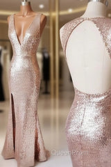 Champagne V Neck Sequin Open Back Long Evening Prom Dresses