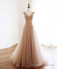 Champagne V Neck Tulle Beads Long Prom Dress Evening Dress