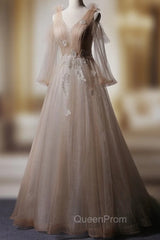 Champagne V Neck Tulle Lace Long Evening Prom Dresses, Champagne Evening Dresses