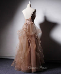 Champagne V Neck Tulle Lace Long Evening Prom Dresses, Champagne Graduation Dresses