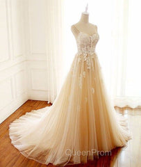 Champagne V Neck Tulle Lace Long Evening Prom Dresses, Champagne Tulle Evening Dresses