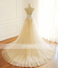 Champagne V Neck Tulle Lace Long Evening Prom Dresses, Champagne Tulle Evening Dresses