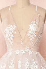 Champagne v neck tulle lace short Evening Prom Dresses champagne tulle bridesmaid Dresses