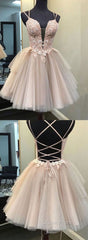 Champagne v neck tulle lace short Evening Prom Dresses lace homecoming Dresses