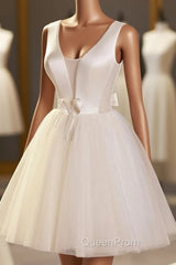 Champagne V-Neck Tulle Short Evening Prom Dresses, Champagne Homecoming Dresses