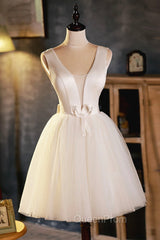 Champagne V-Neck Tulle Short Evening Prom Dresses, Champagne Homecoming Dresses