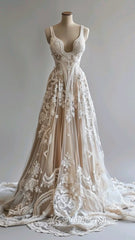 Champagne Vintage A-Line Spaghetti Strap Lace Tulle Long Evening Prom Dresses Wedding Dresses