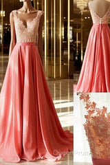Charming A-Line Appliques V-Neck Lace Long Evening Prom Dresses, Long Formal Dresses