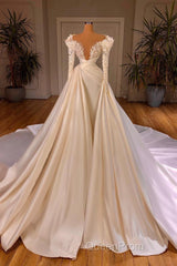 Charming A-Line Cathedral V-Neck Long Wedding Dresses With Long Sleeves