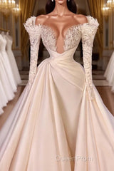 Charming A-Line Cathedral V-Neck Long Wedding Dresses With Long Sleeves