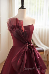 Charming And Elegant Wine Red Sleeveless Off Shoulder Ball Dresses, Wine Red A-Shaped Princess Strapless Butterfly Tie With Backless Strap And Ground Length Evening Prom Dresses