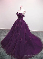 Charming Ball Gown Purple Tulle Sweetheart Lace Applique Formal Dress, Purple Sweet 16 Dresses