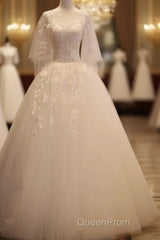 Charming Beautiful Ivory Tulle With Flowers Long Wedding Party Dresses, Tulle Simple Wedding Dresses Evening Prom Dresses Party Dresses