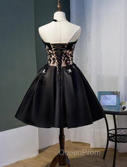 Charming Black Satin with Lace Applique Homecoming Dresses, Knee Length Evening Prom Dresses