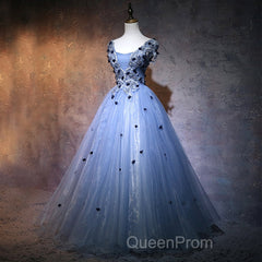 Charming Blue Ball Gown Lace Long Formal Dresses, Blue Tulle Sweet 16 Dresses With Flowers