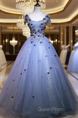 Charming Blue Ball Gown Lace Long Formal Dresses, Blue Tulle Sweet 16 Dresses With Flowers