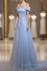 Charming Blue Elegant Tulle Party Dresses with Lace Applique, Long Evening Prom Dresses