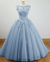 Charming Blue Tulle Long Ball Gown Sweet 16 Dress with Lace, Formal Gown
