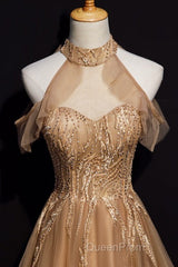 Charming Champagne Tulle Halter Long Party Gown, Evening Prom Dresses