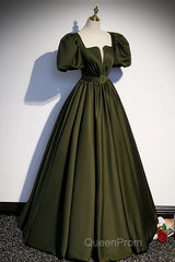 Charming Dark Green Puffy Sleeves Long Evening Gown, Satin Floor Length Evening Prom Dresses