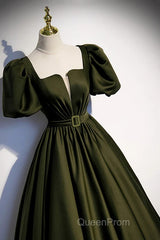 Charming Dark Green Puffy Sleeves Long Evening Gown, Satin Floor Length Evening Prom Dresses