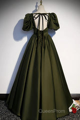 Charming Dark Green Puffy Sleeves Long Evening Gown, Satin Floor Length Evening Prom Dresses