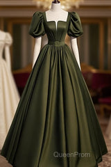 Charming Dark Green Puffy Sleeves Long Evening Gown, Satin Floor Length Evening Prom Dresses