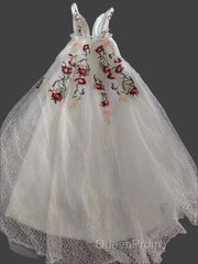 Charming Floral Embroidery Long Evening Prom Dresses V Neck A Line Party Dresses