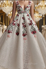 Charming Floral Embroidery Long Evening Prom Dresses V Neck A Line Party Dresses