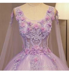 Charming Lavender Tulle Flowers Long Evening Prom Dresses, Sweet 16 Gowns