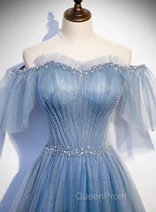 Charming Light Blue Tulle Puffy Sleeves Floor Length Party Dresses A-Line Pricess Gowns Evening Prom Dresses Sparkly
