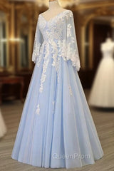 Charming Light Blue Tulle V-neckline Long Party Dresses, Evening Prom Dresses