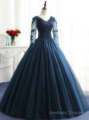 Charming Long Sleeves Navy Blue Tulle Party Gown, Navy Blue Prom Dress