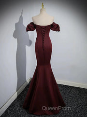 Charming Maroon Satin Mermaid Off Shoulder Evening Prom Dresses, Maroon Party Dresses