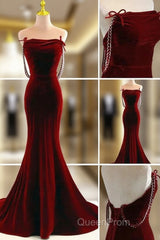 Charming Mermaid Wine Red Long Velvet Evening Dresses, Wine Red Long Party Dresses