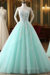 Charming Mint Green Tulle Ball Gown Sweet 16 Dresses, Lace Applique Evening Prom Dresses