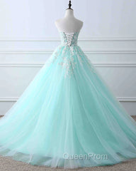 Charming Mint Green Tulle Ball Gown Sweet 16 Dresses, Lace Applique Evening Prom Dresses
