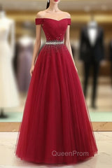 Charming Navy Blue Off Shoulder Floor Length Beaded Party Dresses, Party Dresses