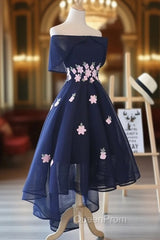 Charming Navy Blue Tulle Party Dresses with Flowers, Cute Evening Prom Dresses