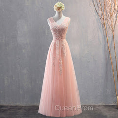 Charming Pearl Pink Tulle Simple Party Dresses with Lace, V-neckline Long Evening Dresses