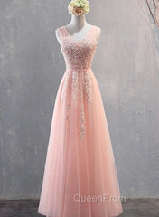 Charming Pearl Pink Tulle Simple Party Dresses with Lace, V-neckline Long Evening Dresses