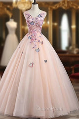 Charming Pink Flowers Ball Gown Long Sweet 16 Dresses, Pink Evening Prom Dresses