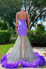 Charming Purple Long Mermaid Halter Satin Tulle Evening Prom Dresses