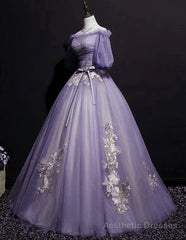 Charming Purple Short Sleeves Tulle Puffy Long Formal Dress, Lovely Evening Dress Party Dress